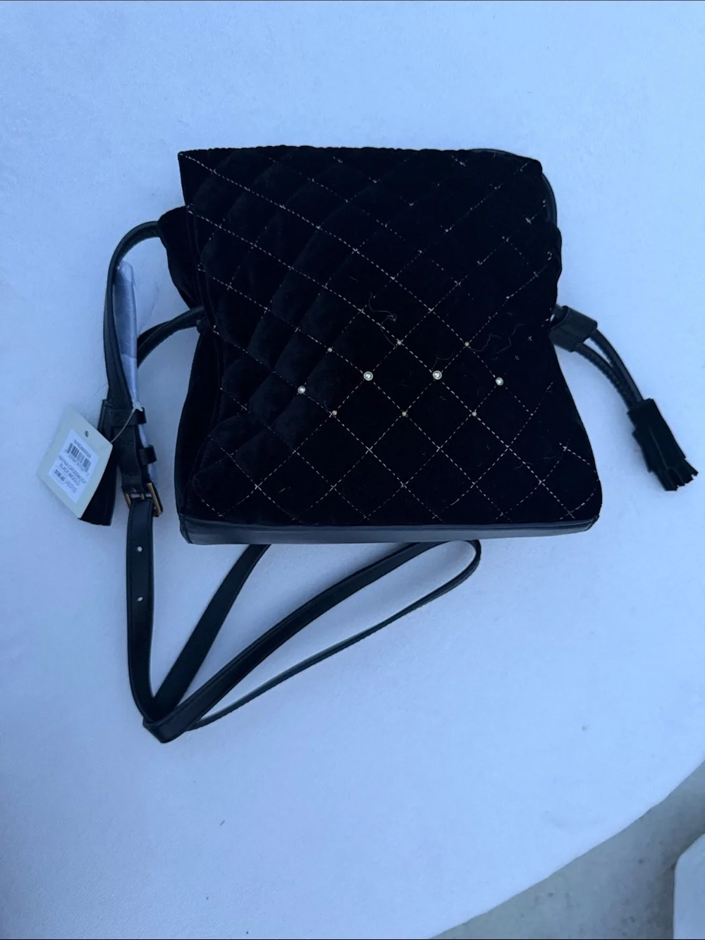 Fossil Black Quilted Velvet Crossbody with Stud Accents